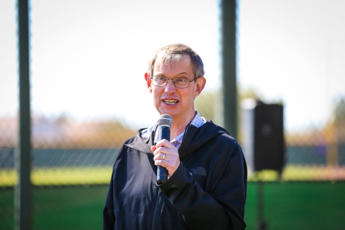 March 14, 2021; Surprise, AZ, USA; John Blake addresses players and media during the unveiling of Charley Pride Field at the Texas Rangers spring training facility.